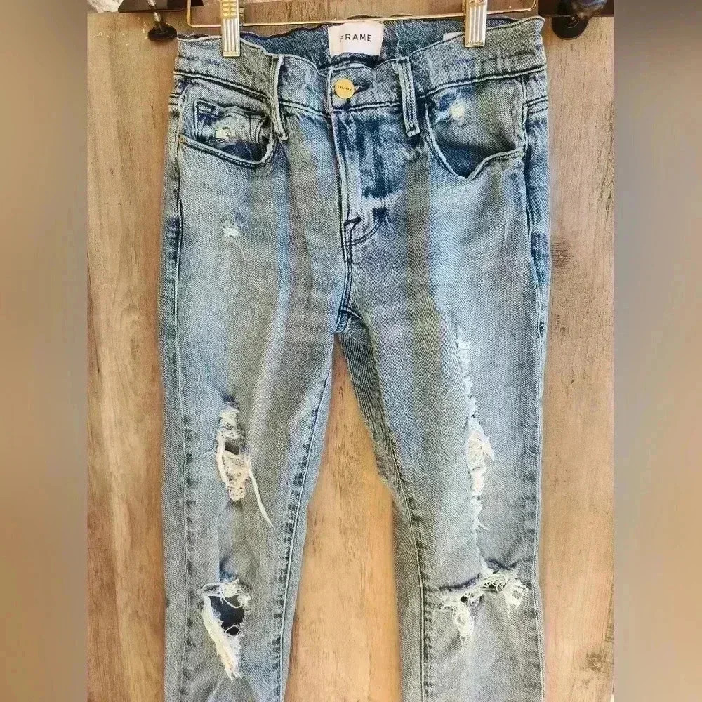 FRAME Denim Le Garcon Mid Rise Distressed Jeans Denim Beldon Rips Size 24 - Picture 3 of 9